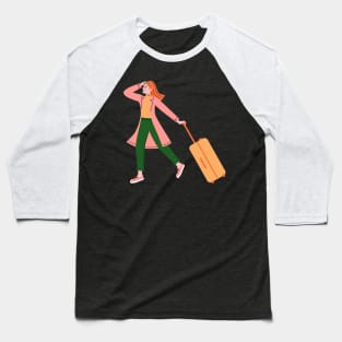 Happy Woman Solo Traveler with Luggage Baseball T-Shirt
